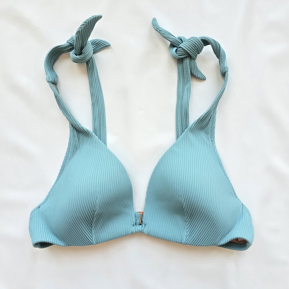 Shade & Shore Slegant Teal Blue Ribber Halter Bikini Top Push Up Size 34B